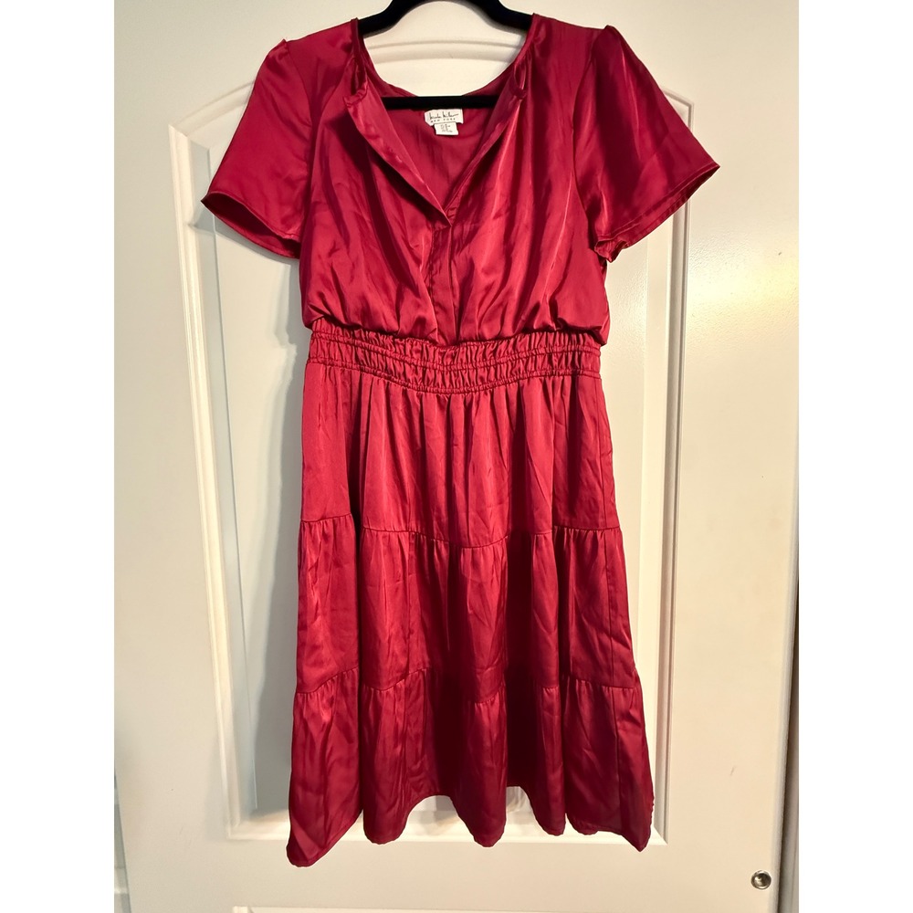 Nicole Miller New York Tiered Midi Dress Size M Red Satin Smocked Cocktail